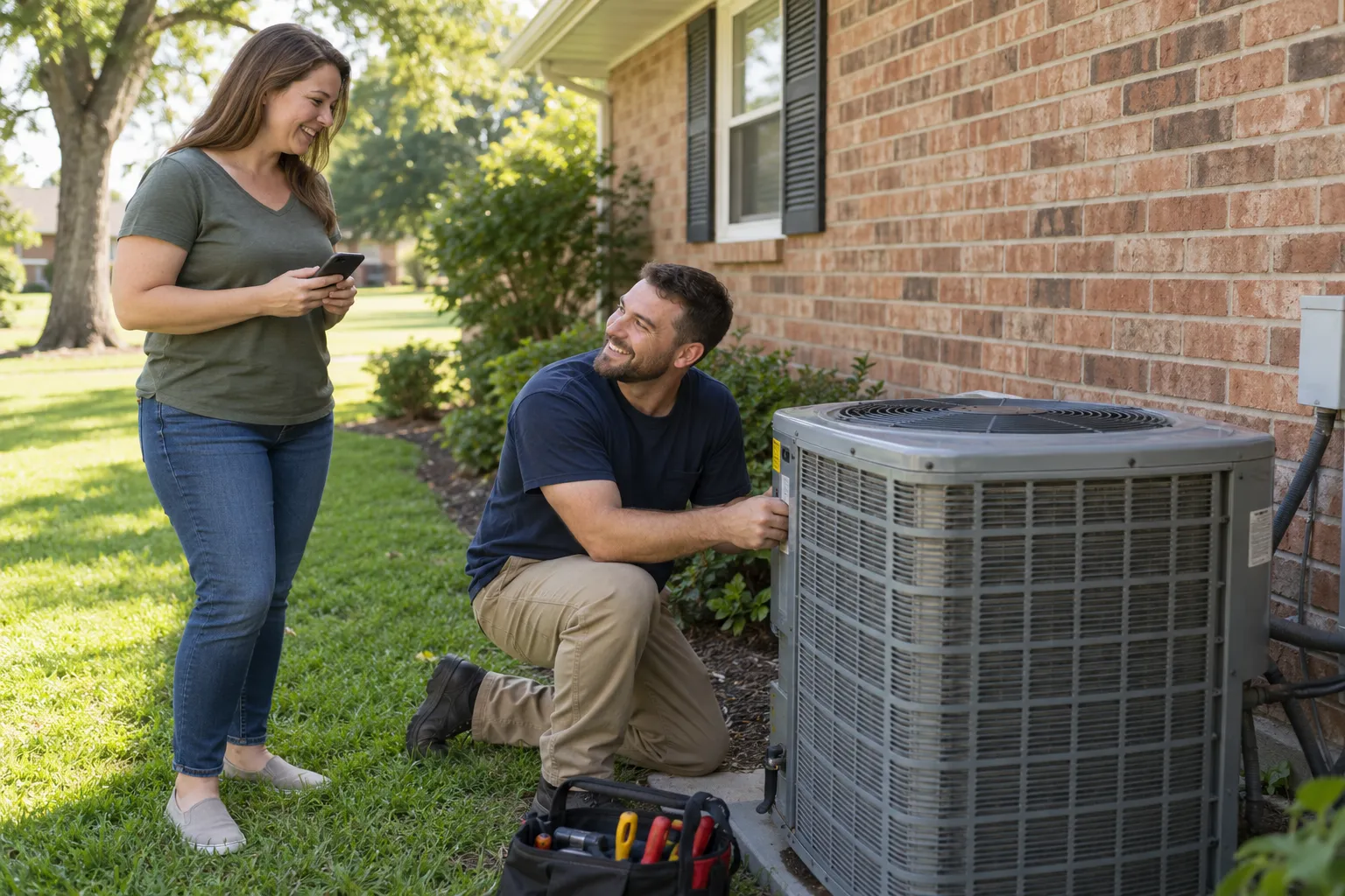 Friendly HVAC provider checking an outdoor AC unit beside a ranch home in St. Paul