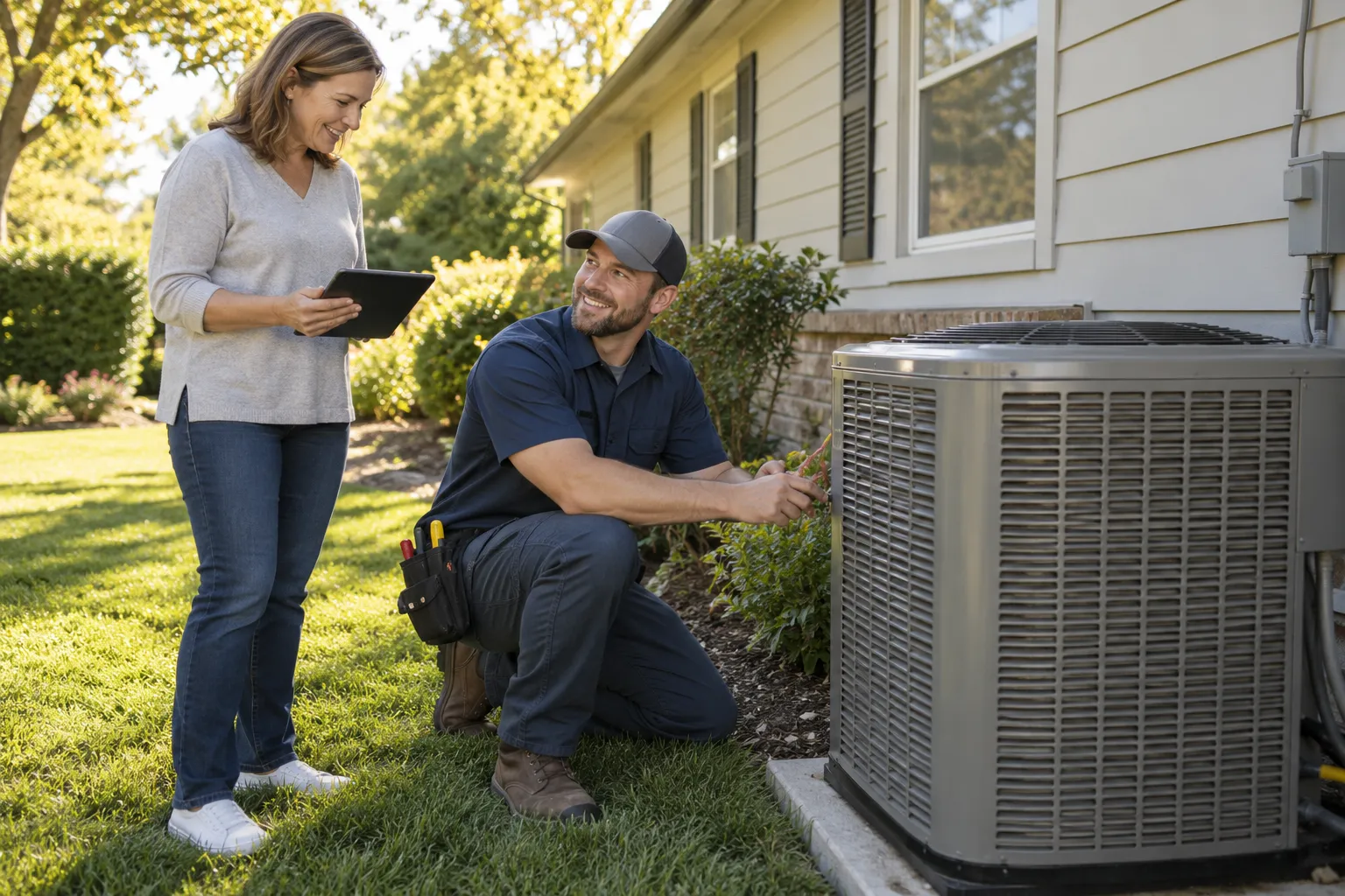 A friendly HVAC provider checking an outdoor AC unit at a home in St. Paul